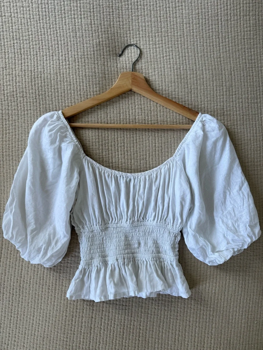Faithfull the Brand White Smocked Puff Sleeve Linen Blouse